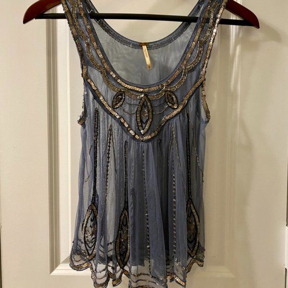 FREE PEOPLE Blue-Gray Sheer Beaded Tank - Picture 2 of 8